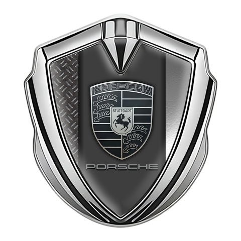 Porsche Fender Metal Domed Emblem Silver Dual Steel Plates Greyscale Logo