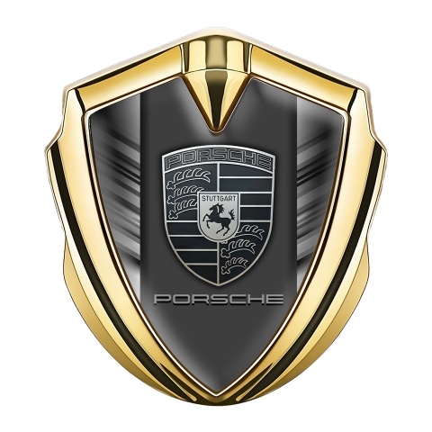 Porsche 3D Car Metal Domed Emblem Gold Symmetric Stripes Grey Logo
