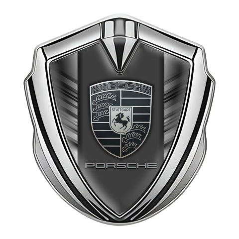 Porsche 3D Car Metal Domed Emblem Silver Symmetric Stripes Grey Logo