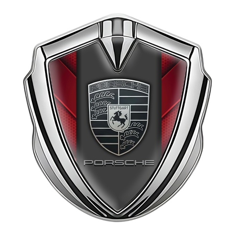 Porsche Bodyside Domed Emblem Silver Red Hexagon Plates Grey Motif