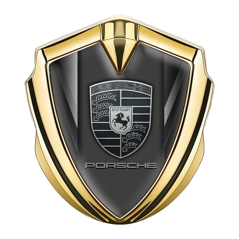 Porsche Bodyside Badge Self Adhesive Gold Symmetrical Lines Grey Logo