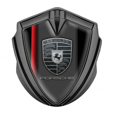 Porsche Fender Metal Domed Emblem Graphite Black Scarlet Stripe Grey Logo