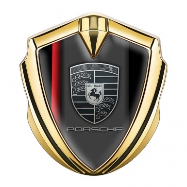 Porsche Fender Metal Domed Emblem Gold Black Scarlet Stripe Grey Logo
