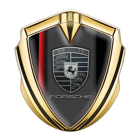 Porsche Fender Metal Domed Emblem Gold Black Scarlet Stripe Grey Logo
