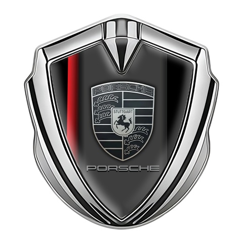 Porsche Fender Metal Domed Emblem Silver Black Scarlet Stripe Grey Logo