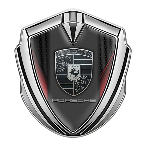 Porsche Bodyside Domed Emblem Silver Dark Mesh Scarlet Fins Grey Logo