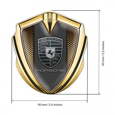 Porsche Fender Metal Domed Emblem Gold Sandy Mesh Monochrome Motif