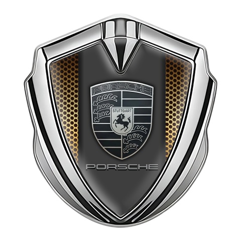 Porsche Fender Metal Domed Emblem Silver Sandy Mesh Monochrome Motif
