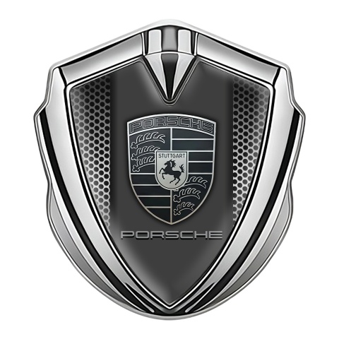 Porsche Metal Emblem Self Adhesive Silver Steel Grate Monochrome Logo