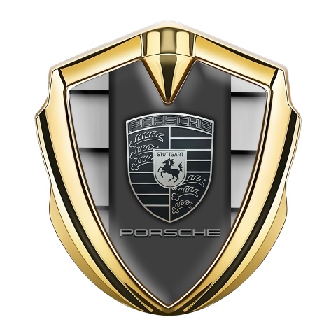 Porsche 3D Car Metal Domed Emblem Gold Steel Plates Monochrome Crest