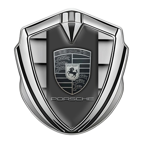 Porsche 3D Car Metal Domed Emblem Silver Steel Plates Monochrome Crest