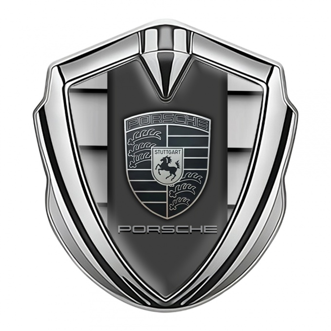 Porsche 3D Car Metal Domed Emblem Silver Steel Plates Monochrome Crest