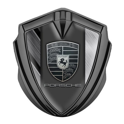 Porsche Bodyside Domed Emblem Graphite Brushed Alloy Effect Greyscale Logo
