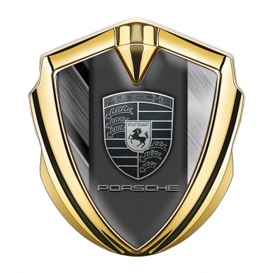 Porsche Bodyside Domed Emblem Gold Brushed Alloy Effect Greyscale Logo