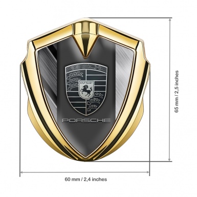 Porsche Bodyside Domed Emblem Gold Brushed Alloy Effect Greyscale Logo