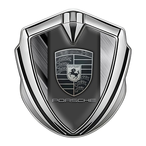 Porsche Bodyside Domed Emblem Silver Brushed Alloy Effect Greyscale Logo