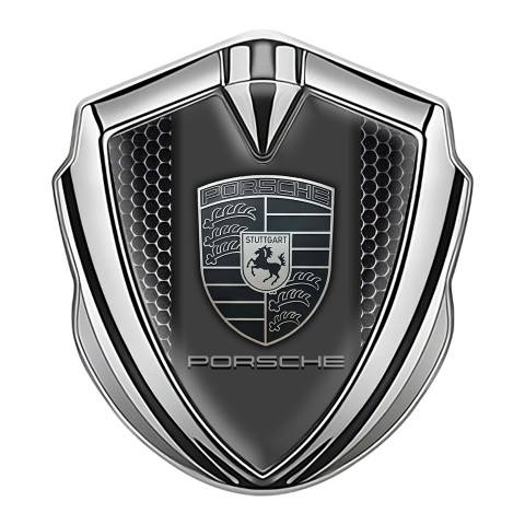 Porsche Bodyside Domed Emblem Silver Dark Grille Motif Monochrome Logo