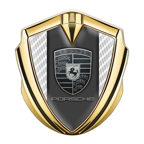 Porsche Fender Metal Domed Emblem Gold White Carbon Greyscale Motif