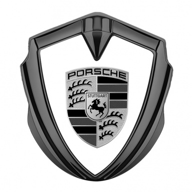 Porsche Metal Emblem Self Adhesive Graphite White Base Big Greyscale Motif