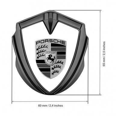 Porsche Metal Emblem Self Adhesive Graphite White Base Big Greyscale Motif