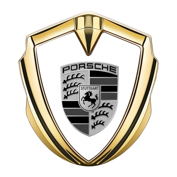 Porsche Metal Emblem Self Adhesive Gold White Base Big Greyscale Motif