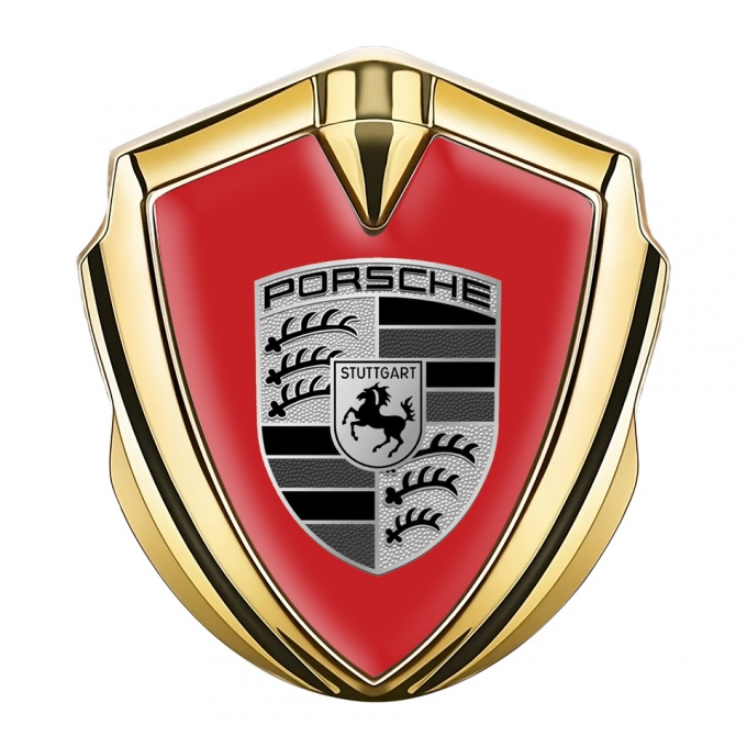 Porsche Bodyside Badge Self Adhesive Gold Red Base Big Monochrome Logo