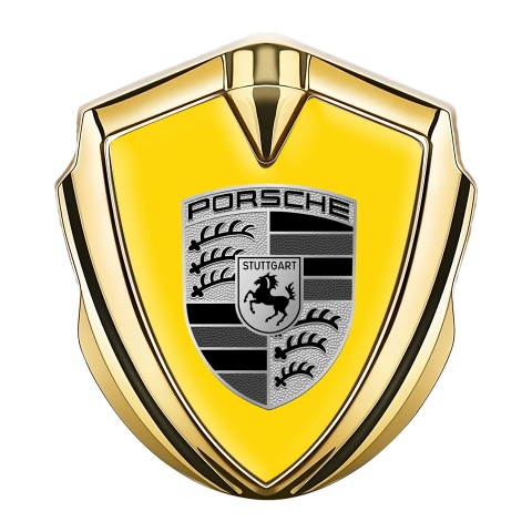 Porsche Tuning Emblem Self Adhesive Gold Yellow Base Big Greyscale Logo