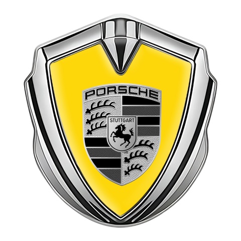 Porsche Tuning Emblem Self Adhesive Silver Yellow Base Big Greyscale Logo