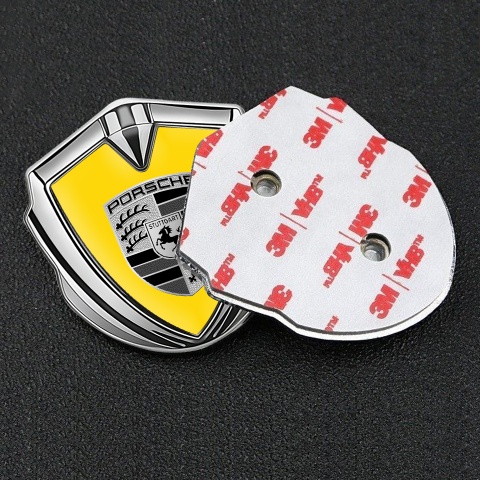 Porsche Tuning Emblem Self Adhesive Silver Yellow Base Big Greyscale Logo