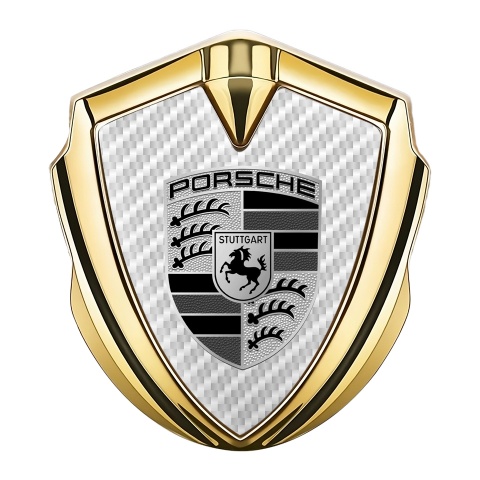 Porsche 3D Car Metal Domed Emblem Gold White Carbon Monochrome Design