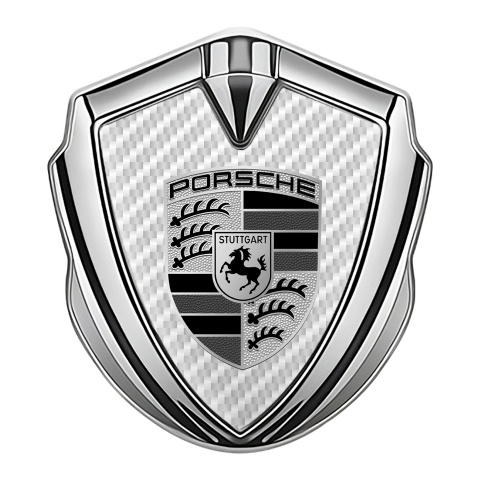 Porsche 3D Car Metal Domed Emblem Silver White Carbon Monochrome Design