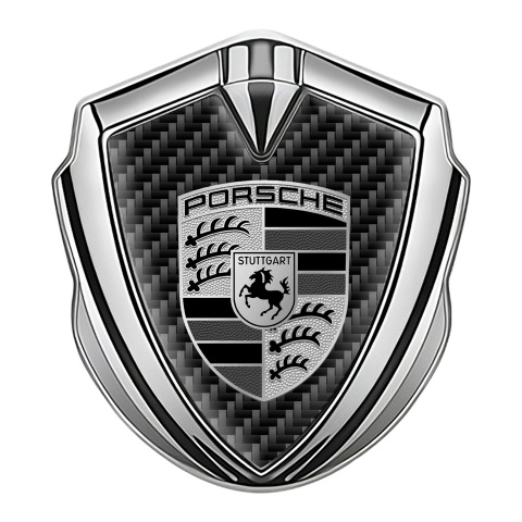 Porsche Fender Metal Domed Emblem Silver Dark Carbon Template Grey Motif