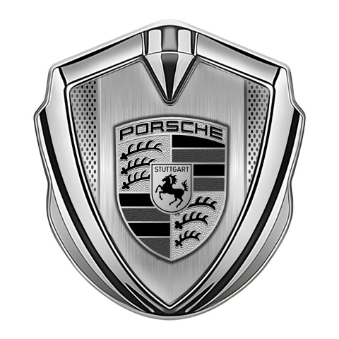 Porsche Bodyside Domed Emblem Silver Brushed Steel Monochrome Motif
