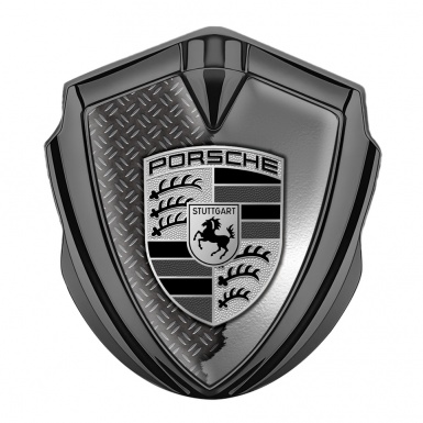 Porsche Fender Emblem Badge Graphite Industrial Torn Metal Greyscale Logo