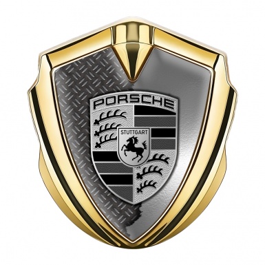 Porsche Fender Emblem Badge Gold Industrial Torn Metal Greyscale Logo