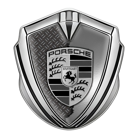 Porsche Fender Emblem Badge Silver Industrial Torn Metal Greyscale Logo