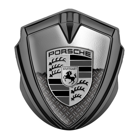 Porsche Fender Metal Domed Emblem Graphite Torn Metal Monochrome Logo