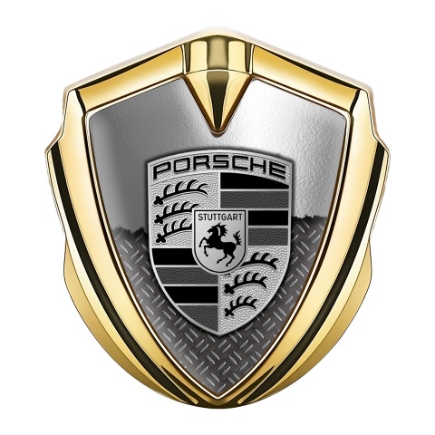 Porsche Fender Metal Domed Emblem Gold Torn Metal Monochrome Logo
