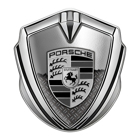 Porsche Fender Metal Domed Emblem Silver Torn Metal Monochrome Logo