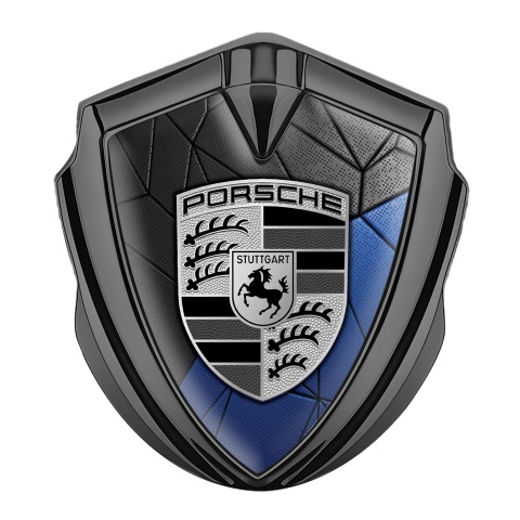 Porsche Trunk Metal Emblem Badge Graphite Blue Mosaic Motif Greyscale Logo
