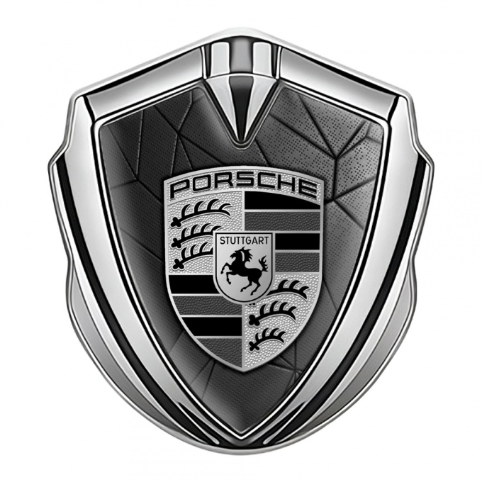 Porsche Trunk Metal Emblem Badge Silver Grey Mosaic Monochrome Logo