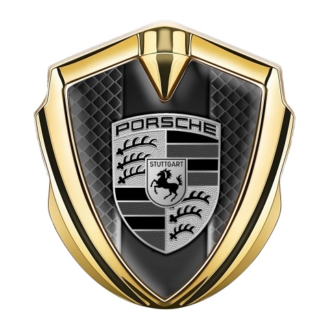 Porsche Metal Emblem Self Adhesive Gold Dark Mesh Monochrome Crest