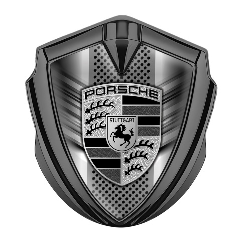 Porsche 3D Car Metal Domed Emblem Graphite Steel Grille Greyscale Motif