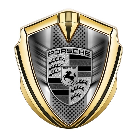Porsche 3D Car Metal Domed Emblem Gold Steel Grille Greyscale Motif