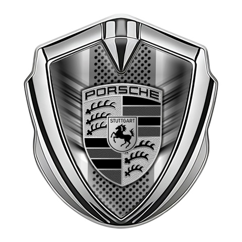 Porsche 3D Car Metal Domed Emblem Silver Steel Grille Greyscale Motif