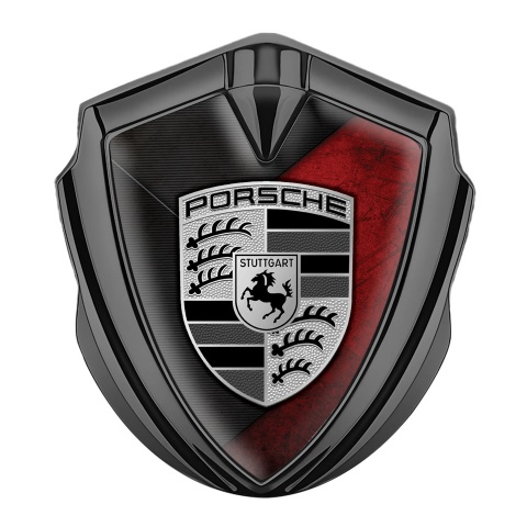 Porsche Bodyside Domed Emblem Graphite Scraped Red Base Grey Strokes