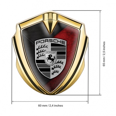 Porsche Bodyside Domed Emblem Gold Scraped Red Base Grey Strokes