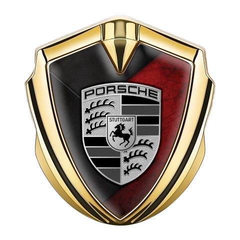 Porsche Bodyside Domed Emblem Gold Scraped Red Base Grey Strokes