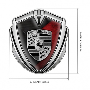 Porsche Bodyside Domed Emblem Silver Scraped Red Base Grey Strokes