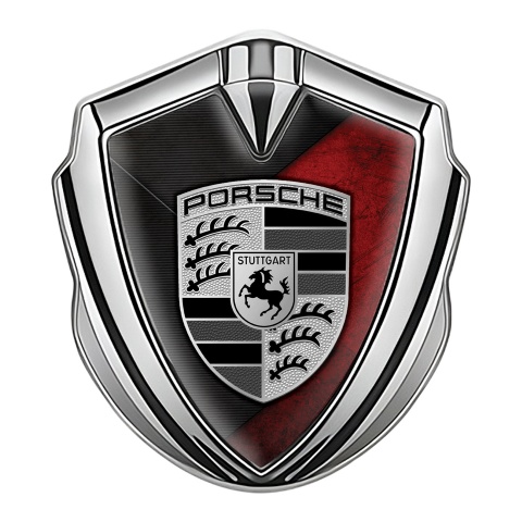 Porsche Bodyside Domed Emblem Silver Scraped Red Base Grey Strokes
